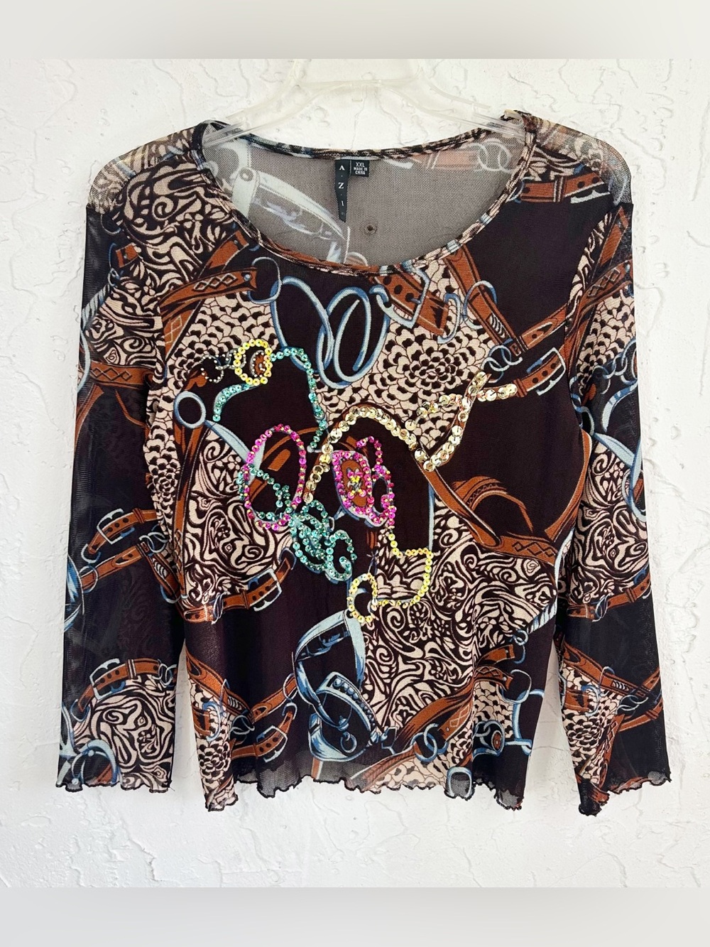 Vintage y2k Brown Sheer Mesh Printed Sequin Long Sleeve Scoop Neck Top Size XXL